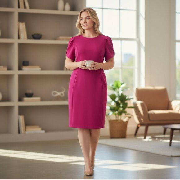 NWT Calvin Klein Plus Size Crew Scuba Sheath Dress In Color: BOYSENBERRY - Picture 2 of 8